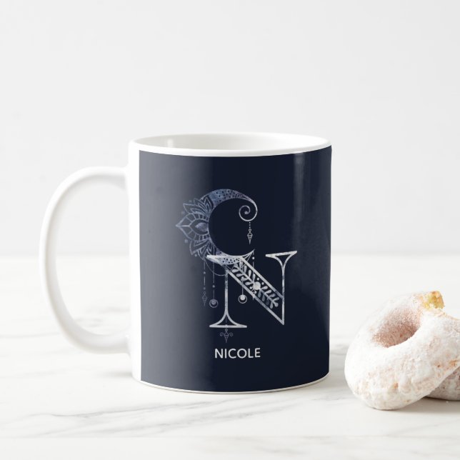 Caneca De Café Monograma - Letra N Boho Crescent Moon Mandala (Com Donut)