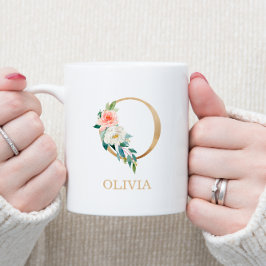 Caneca De Café Monograma Letra O Dourada | Floral Rosa Branco Ver