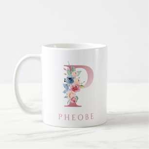 Caneca De Café Monograma - Letra P Floral Watercolor Mug Café