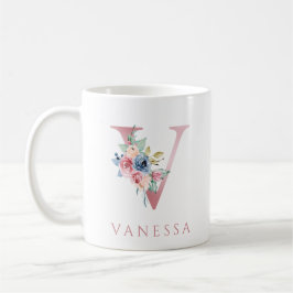 Caneca De Café Monograma - Letra V Floral Watercolor Mug Café