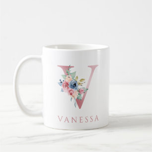 Caneca De Café Monograma - Letra V Floral Watercolor Mug Café