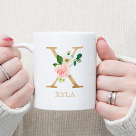 Caneca De Café Monograma Letra X Dourada | Floral Rosa Branco Ver