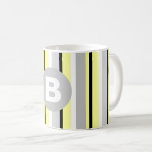 Caneca De Café Monograma Listrado de Amarelo e Cinza Elegante