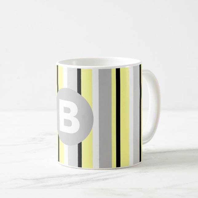 Caneca De Café Monograma Listrado de Amarelo e Cinza Elegante (Frente Esquerda)