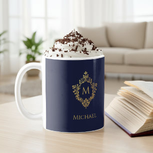 Caneca De Café Monograma Marinho Azul Elegante Dourado Elegante N