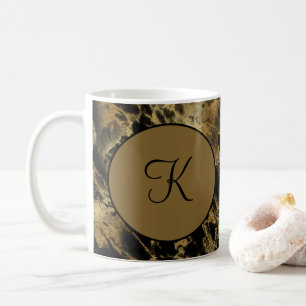 Caneca De Café Monograma Mármore Ágata Preto Dourado Moderno Tend
