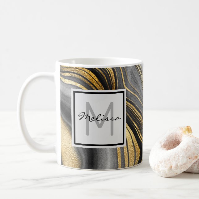 Caneca De Café Monograma Mineral Geódico Dourado e de Agata Moder (Com Donut)