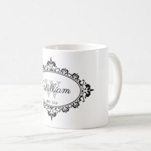 Caneca De Café Monograma minimalista de Damasco preto e branco