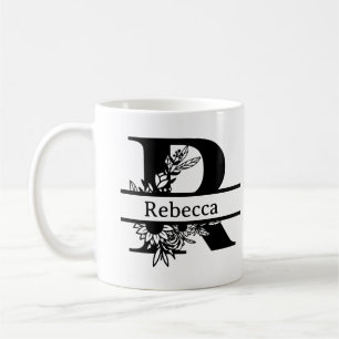 Caneca De Café Monograma Minimalista de Floral Preto Letra Inicia