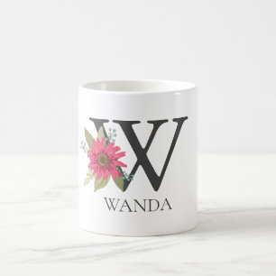 Caneca De Café Monograma Modern Floral Personalizável Letra W