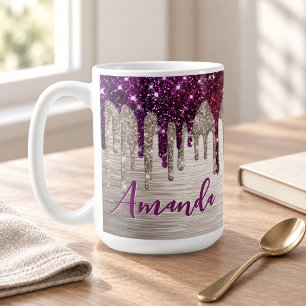 Caneca De Café Monograma moderna fofa com brilho rosa vermelho