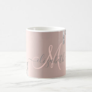Caneca De Café Monograma moderno com brilho prateado e pingos em