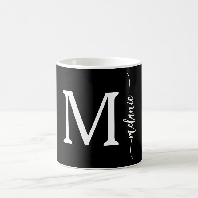 Caneca De Café Monograma Moderno Mão Escrita Preta (Centro)