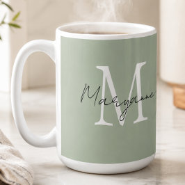 Caneca De Café Monograma Moderno Nome Verde Salvia