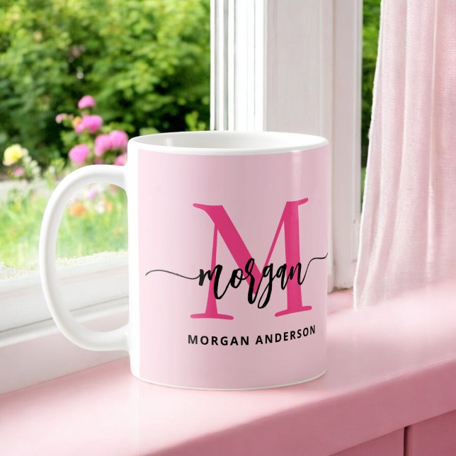 Caneca De Café Monograma Na moda Moderno Rosa Quente (Criador carregado)