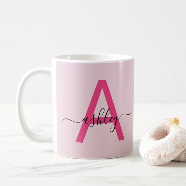 Caneca De Café Monograma Na moda Moderno Rosa Quente (Com Donut)