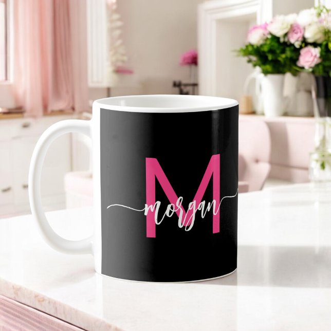 Caneca De Café Monograma Na moda Moderno Rosa Quente Preto (Criador carregado)