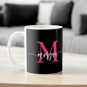 Caneca De Café Monograma Na moda Moderno Rosa Quente Preto