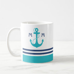Caneca De Café Monograma Náutico Azul Claro