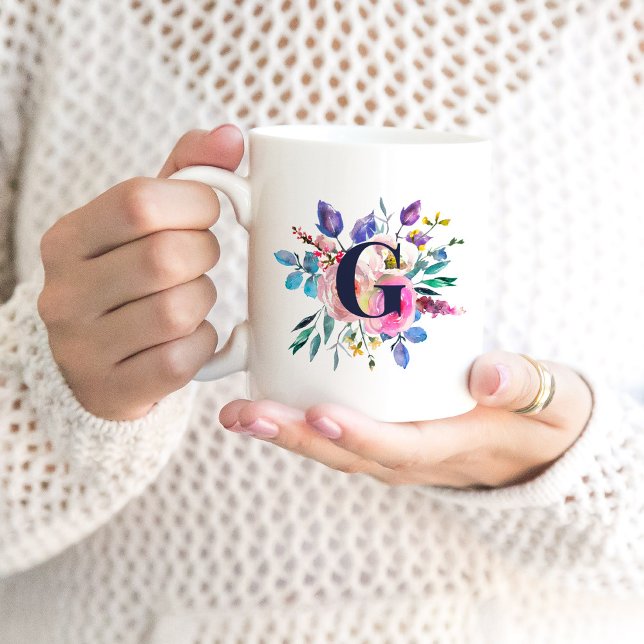 Caneca De Café Monograma Nobre Floral Boho ao Nascer do Sol (Criador carregado)