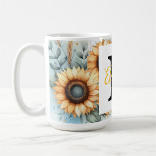 Caneca De Café Monograma nome floral girassol pastel aquarela