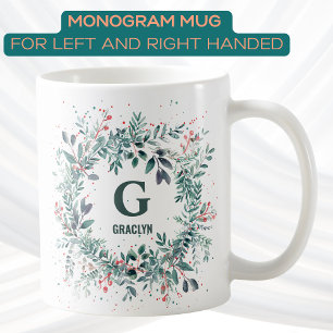 Caneca De Café Monograma Nome Greenery de Natal
