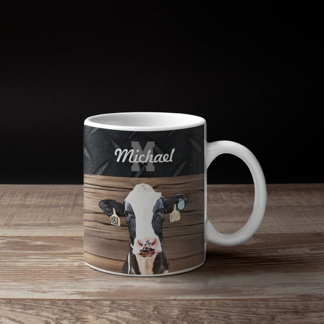 Caneca De Café Monograma Nome Holstein Fazenda Laticínios (Holstein Cow Monogram Coffee Mug. Livestock Milking Cows Dairy Farmer Gift.)