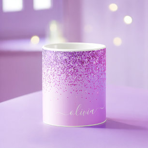 Caneca De Café Monograma Nome Luxo Menina Brilho Roxo