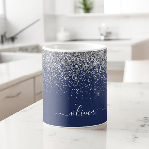 Caneca De Café Monograma Nome Menina Brilho Azul Marinho Prata