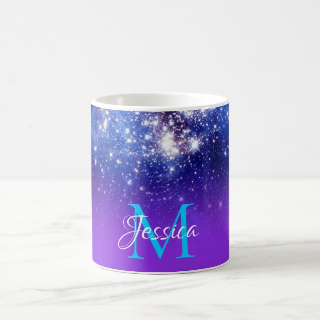 Caneca De Café Monograma Ombre Celestial Estrelas Sparkly Violeta (Centro)