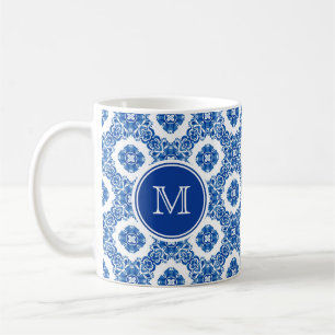 Caneca De Café Monograma Parisiense Floral Azul e Branco