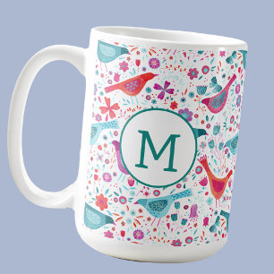 Caneca De Café Monograma - Pássaro Floral Watercolor