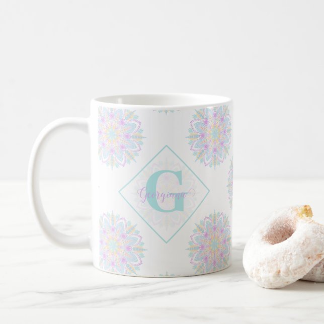 Caneca De Café Monograma Pastel Rainbow Sundae Bolinhas Mandala (Com Donut)