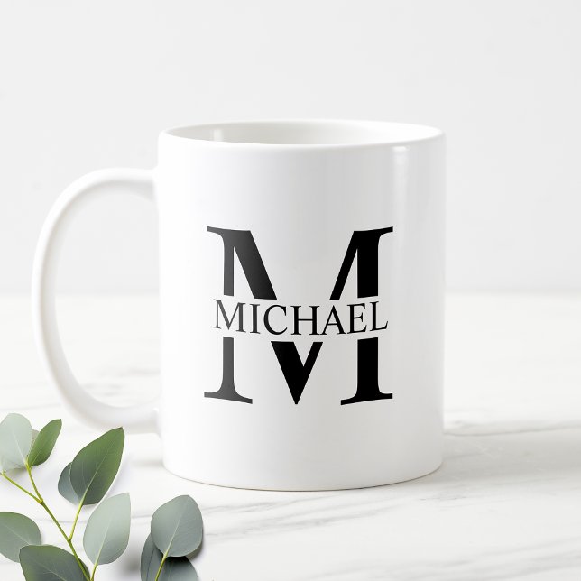 Caneca De Café Monograma Personalizado Branco e Nome (Criador carregado)