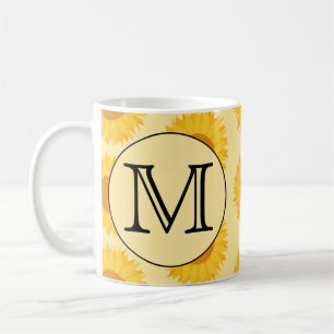 Caneca De Café Monograma Personalizado, com Girassóis Amarelos.