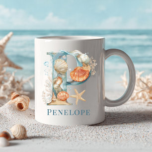 Caneca De Café Monograma Personalizado da Costa Inicial P Praia