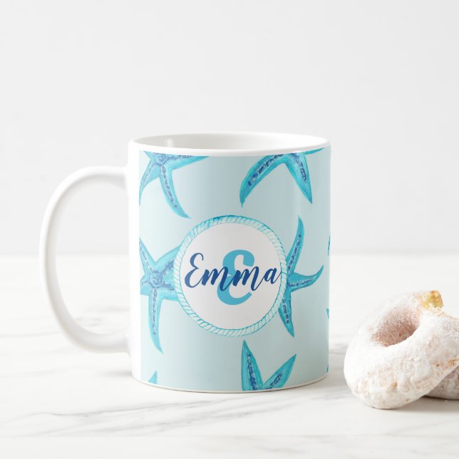 Caneca De Café Monograma personalizado de Aqua-teal Blue Starfish (Com Donut)