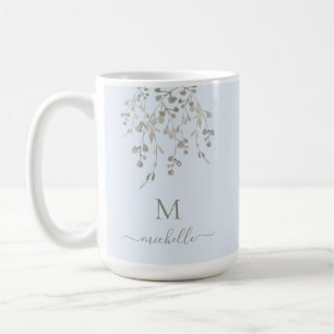 Caneca De Café Monograma Personalizado de Aquarela Botânica Azul