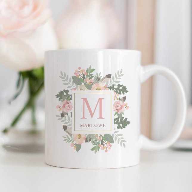 Caneca De Café Monograma Personalizado de Boho Floral Dourado Ros (Criador carregado)
