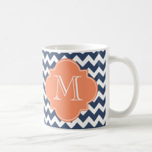 Caneca De Café Monograma Personalizado de Chevron Azul e Laranja 