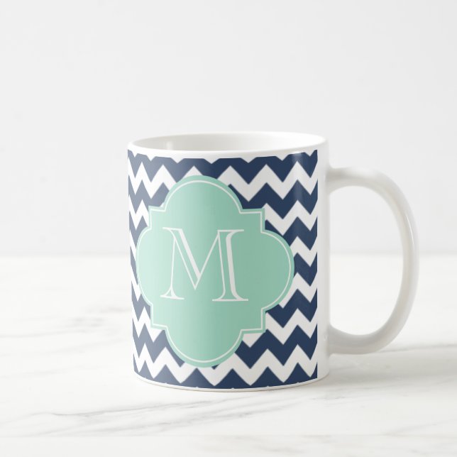 Caneca De Café Monograma Personalizado de Chevron Azul marinho e  (Direita)
