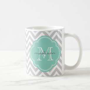 Caneca De Café Monograma Personalizado de cinza e Aqua Chevron