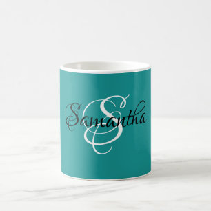 Caneca De Café Monograma Personalizado de Cores Teais do Script d