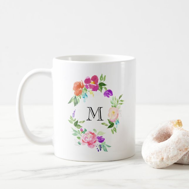Caneca De Café Monograma Personalizado de Frax Floral Feminina (Com Donut)