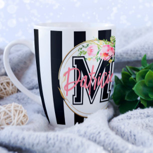Caneca De Café Monograma Personalizado de Listras Preto e Branco 