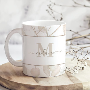 Caneca De Café Monograma personalizado de Lunaria neutra de Boho