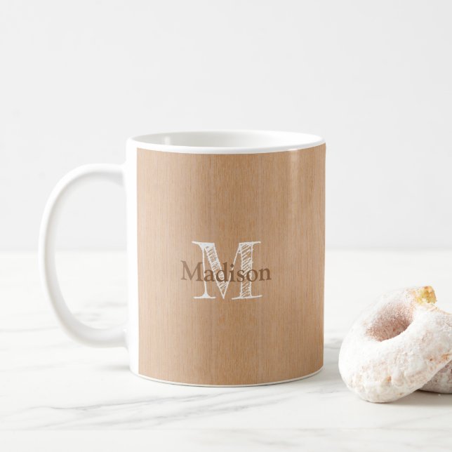 Caneca De Café Monograma personalizado de madeira castanha clara (Com Donut)