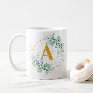 Caneca De Café Monograma Personalizado de Verdura Dourada Botânic