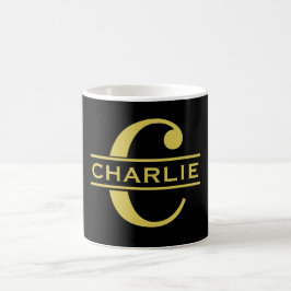 Caneca De Café Monograma Personalizado E Nome Preto E Dourado