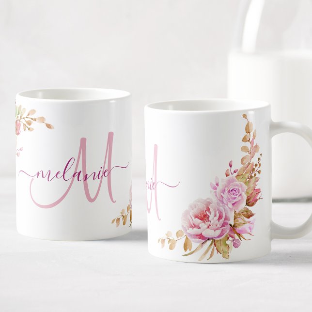 Caneca De Café Monograma Personalizado Floral de Rosa de Aquarela (Criador carregado)